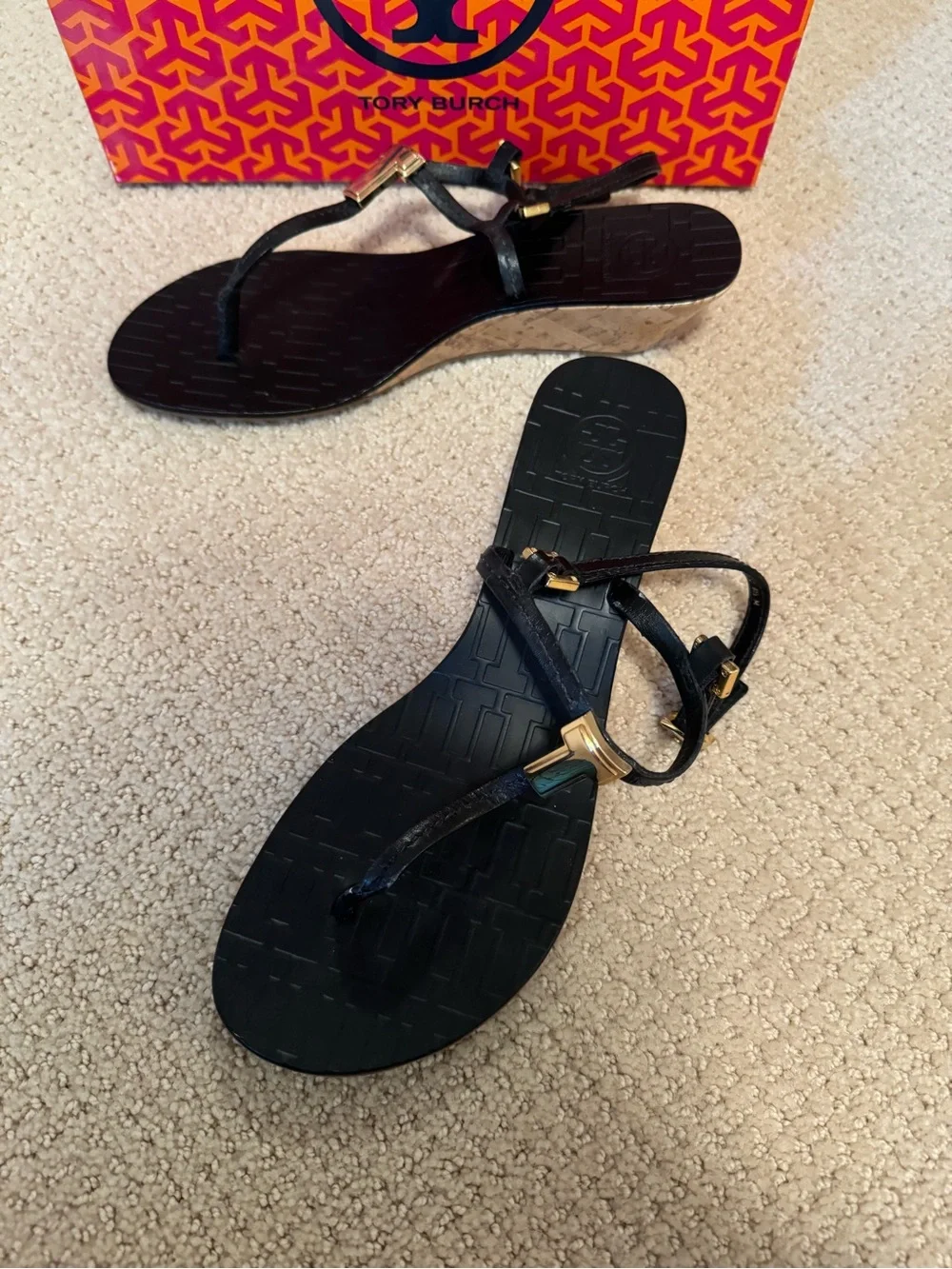 Tory Burch Black Sandals with Cork Platform and Gold Hardware Size 8.5